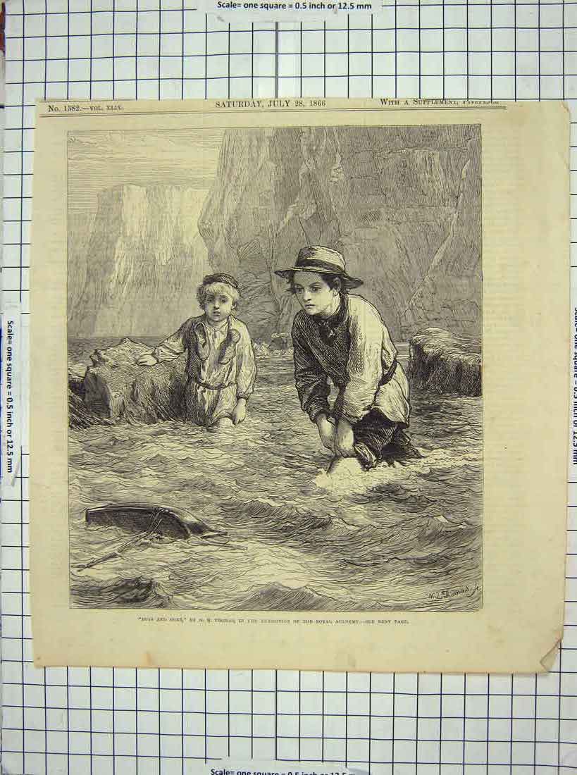 Original Old Antique Print 1866 Young Boys Model Boat Sea Cliffs 19th