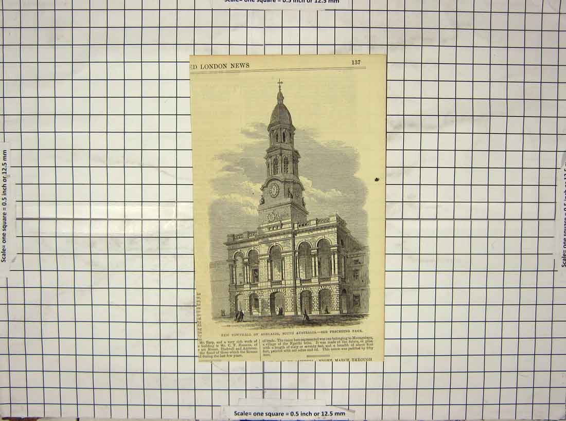 Original Old Antique Print New Townhall Adelaide South Australia Architecture