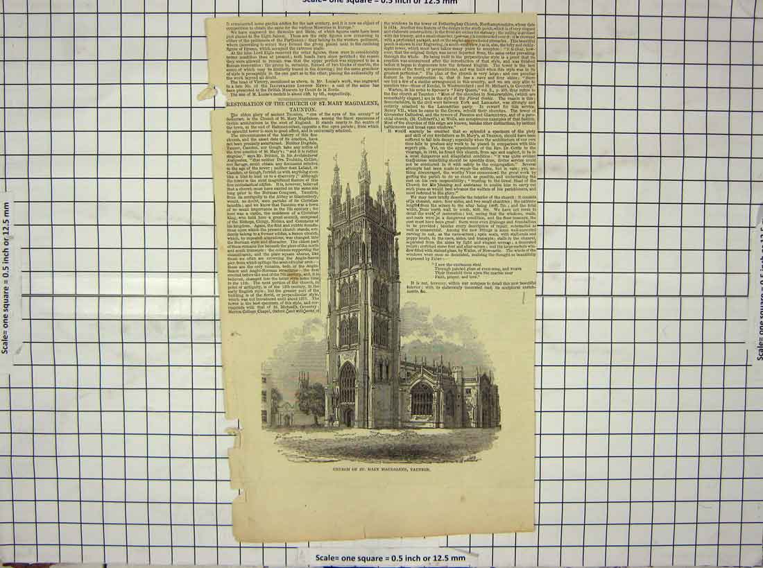 Original Old Antique Print Church St. Mary Magdalene Taunton Architecture
