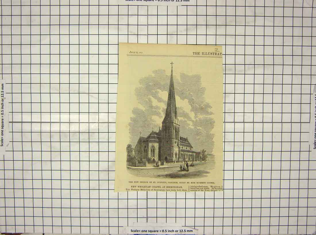 Original Old Antique Print 1865 Church St. Stephen Carlisle Architecture Coutts