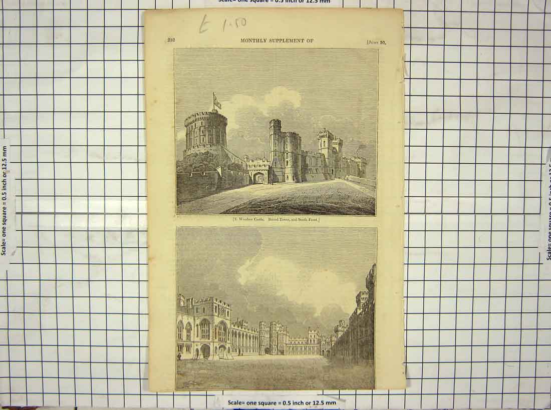 Original Old Antique Print Windsor Castle Round Tower London Architecture