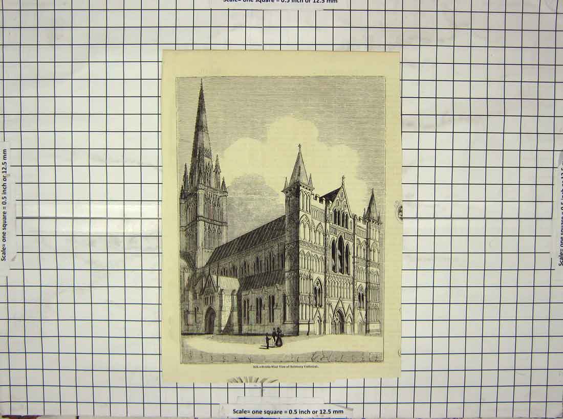 Original Old Antique Print North-West View Salisbury Cathedral Architcture