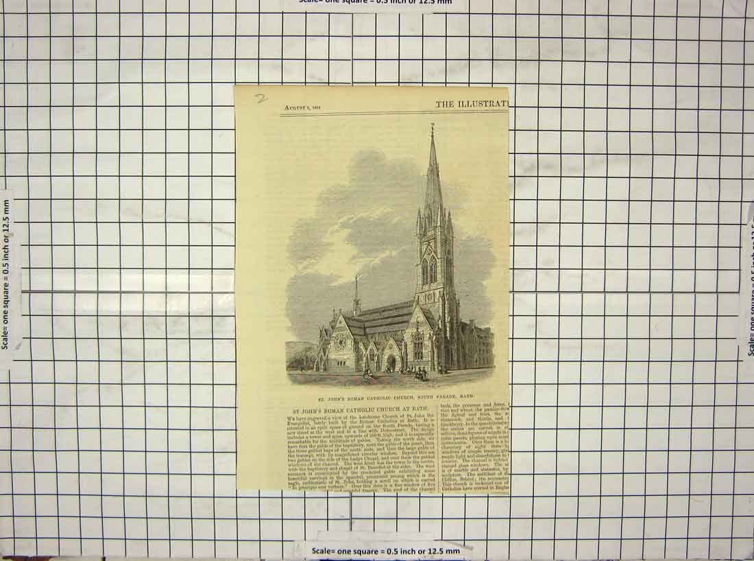 Old Antique Print 1864 St. John'S Roman Catholic Church South Parade Bath 19th