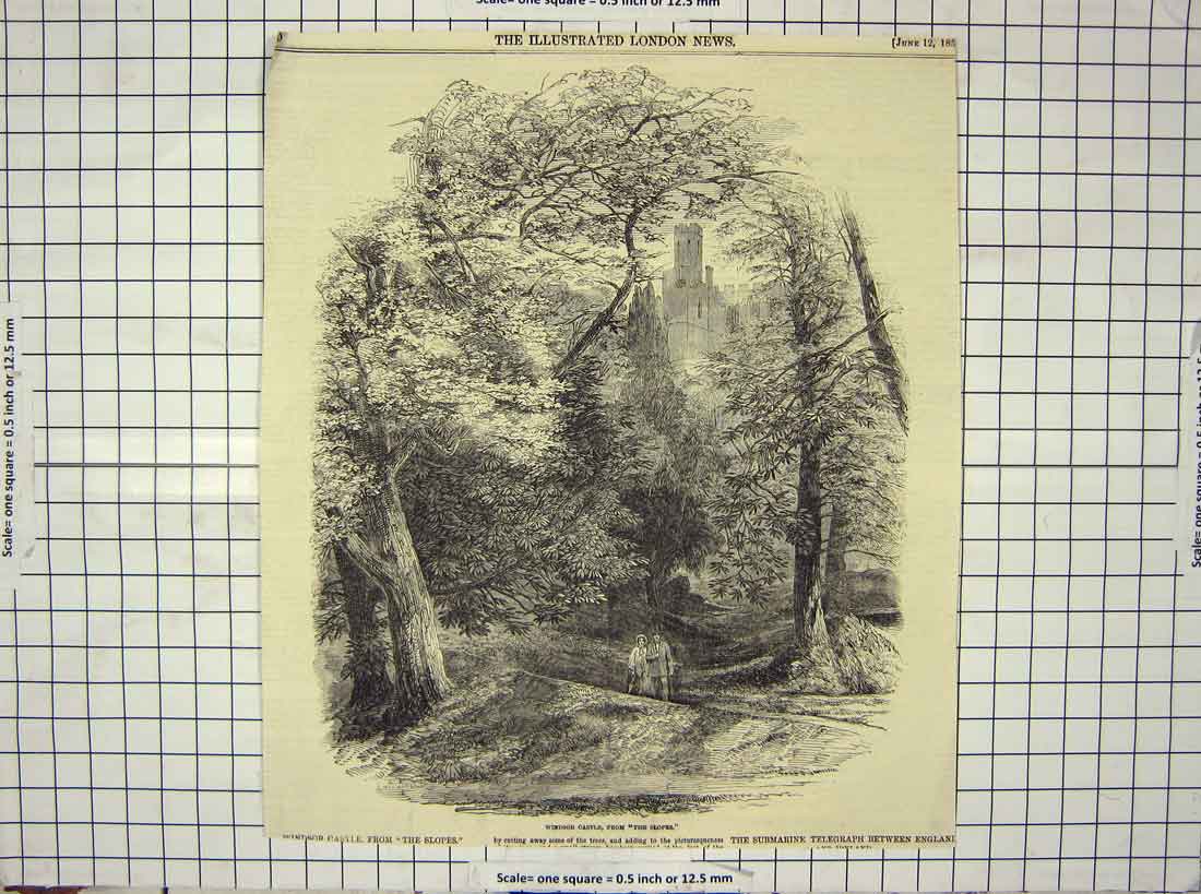 Old Antique Print 1852 Windsor Castle Slopes London England Architecture 19th