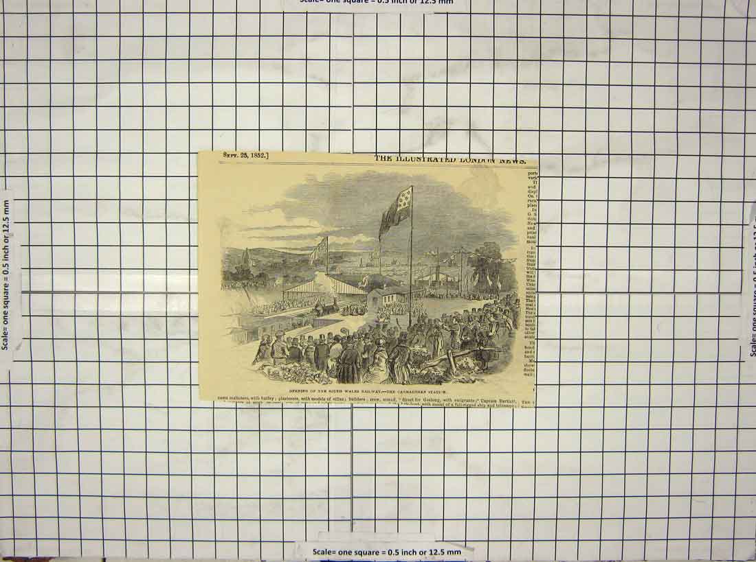 Original Old Antique Print 1852 Carmarthen Railway Station South Wales Train