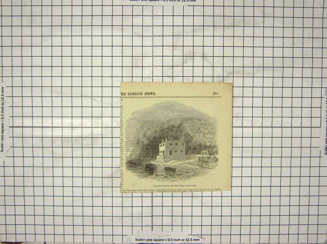 Original Old Antique Print Railway Chapel South Wales Line Sea Boats