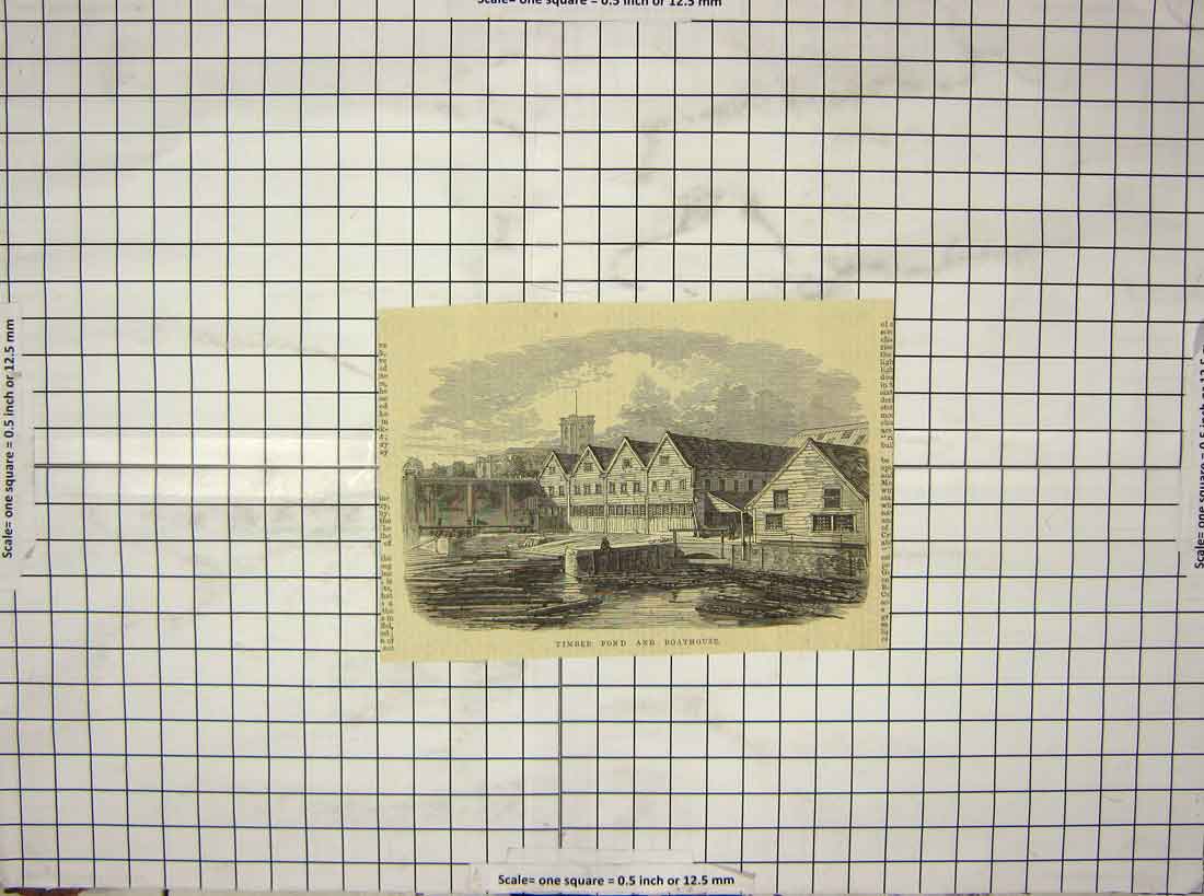 Original Old Antique Print View Timber Pond Boathouse Buildings