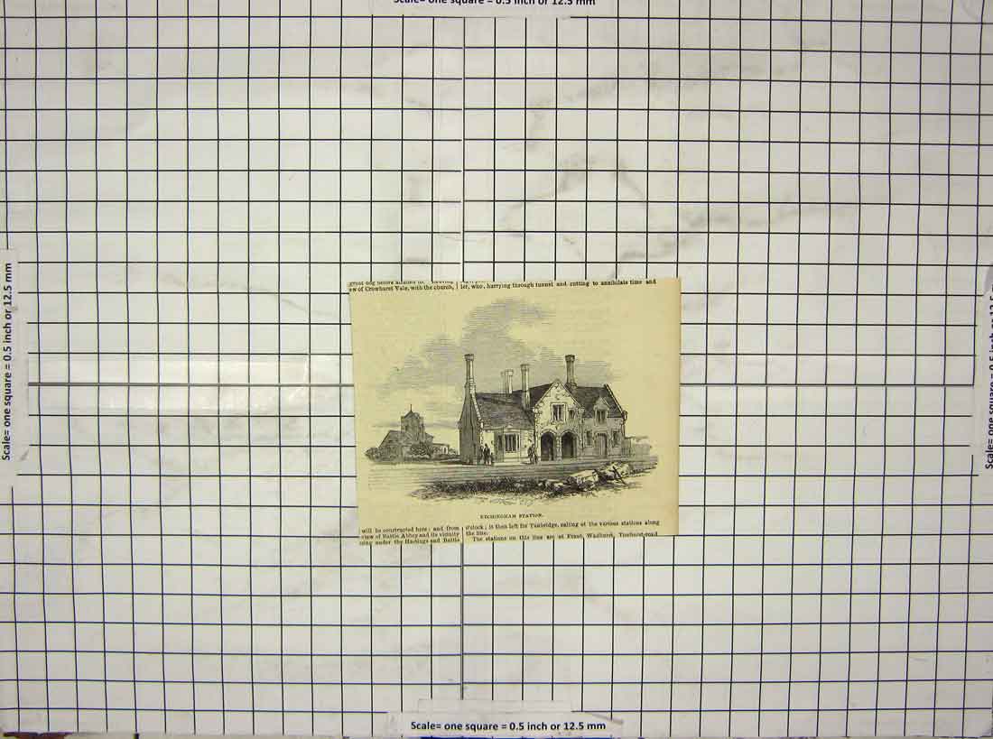 Original Old Antique Print Etchingham Railway Station Building