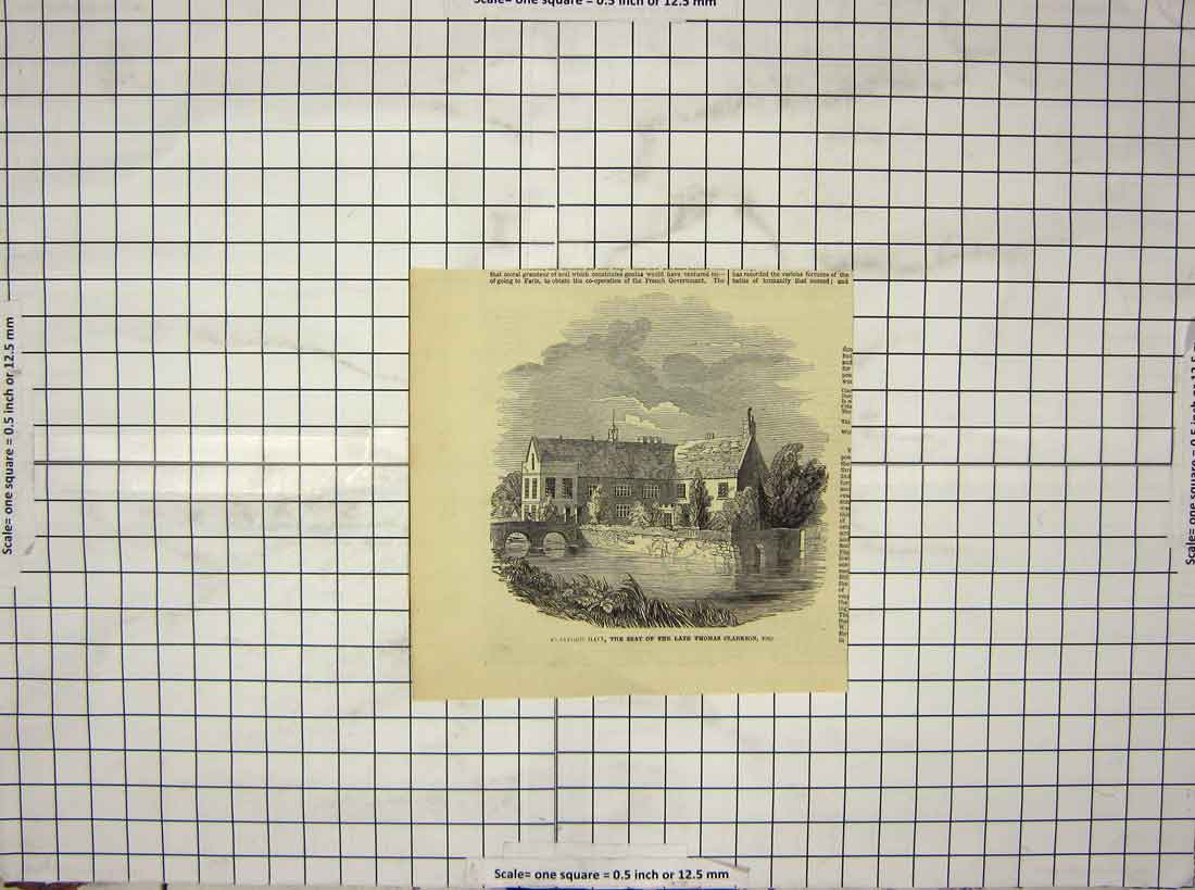 Old Antique Print Vew Playford Hall Thomas Clarkson Houses River Bridge