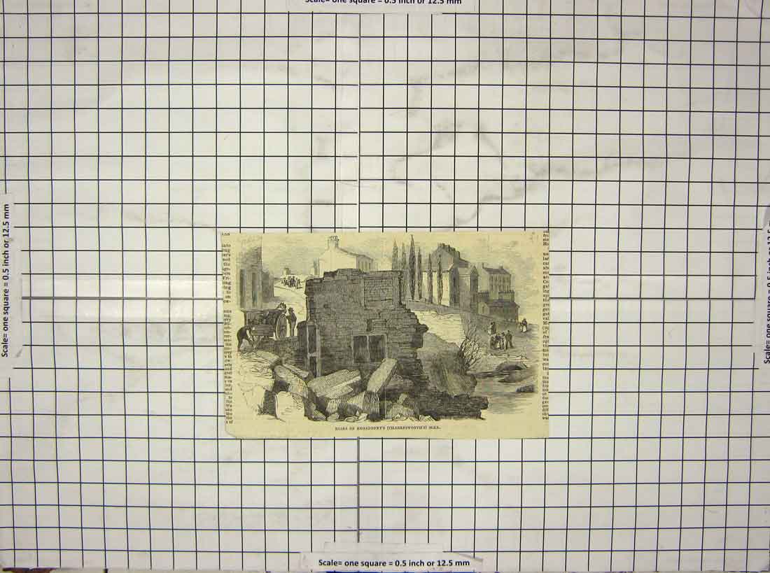 Original Old Antique Print Ruins Broadbent'S Charlesworth Mill Buildings