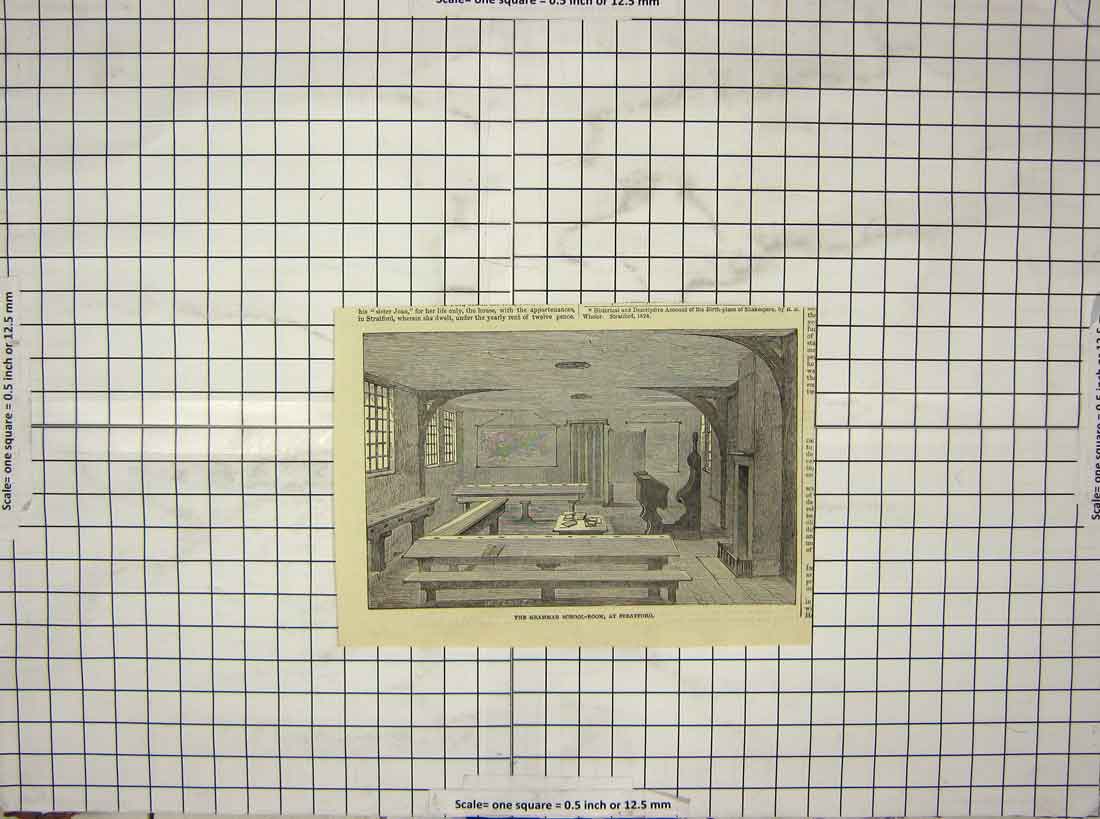 Original Old Antique Print Interior Grammar School Room Stratford England