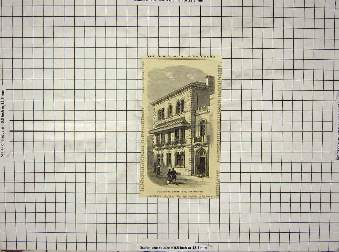 Original Old Antique Print Royal Naval Club Portsmouth England Architecture