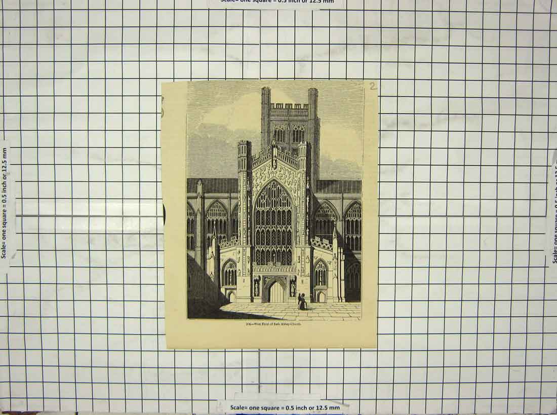 Original Old Antique Print West Front Bath Abbey Church Cathedral Architcture