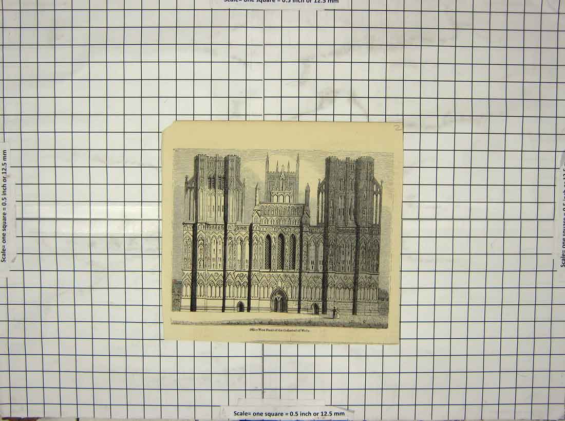 Original Old Antique Print West Front Cathedral Church Wells Architecture