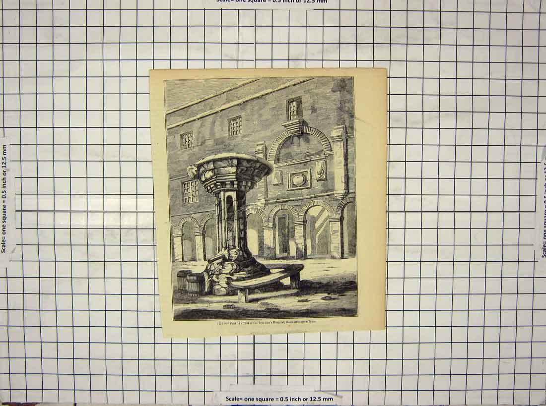 Original Old Antique Print Pant Freemen'S Hospital Newcastle-Upon-Tyne Building