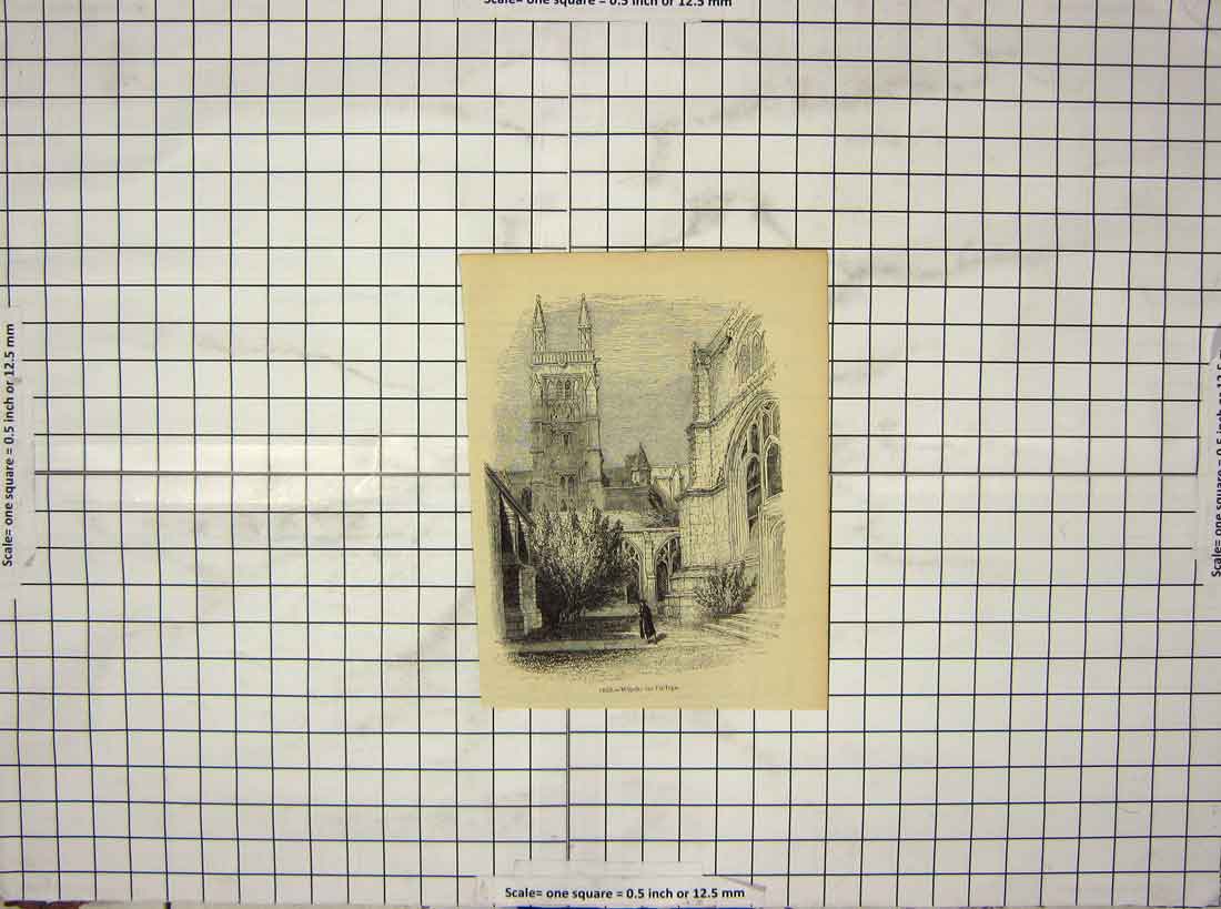 Original Old Antique Print Exterior Winchester College England Architecture