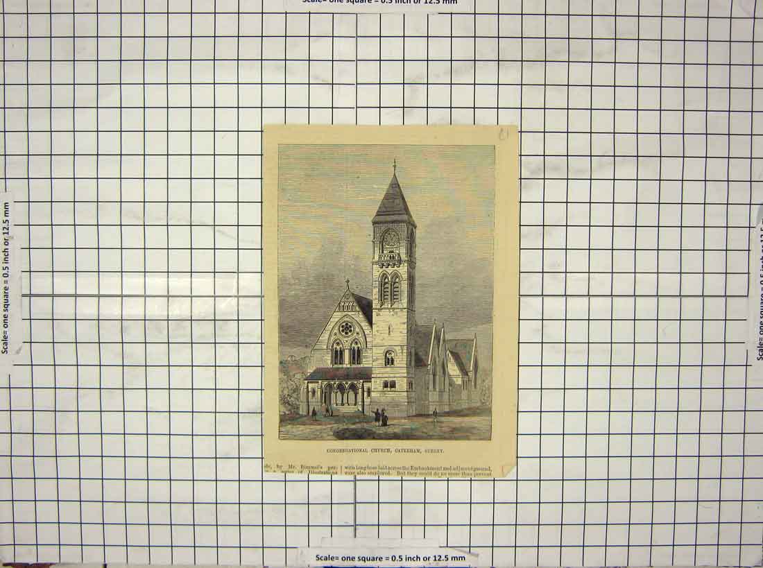 Original Old Antique Print Congregational Church Caterham Surrey England