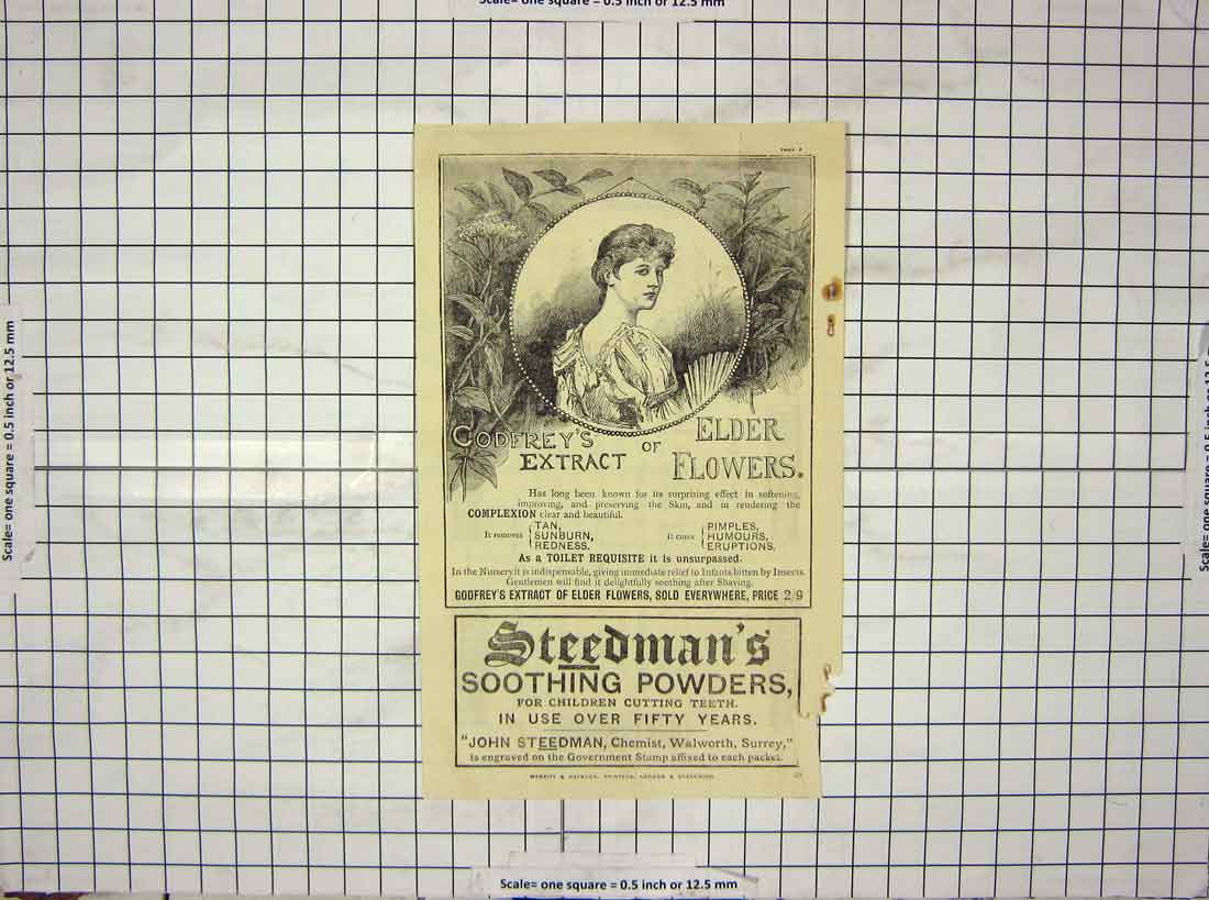 Old Antique Print Advertisement Godfrey Elder Flowers Steedmans Powders