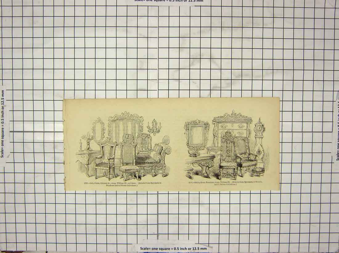 Original Old Antique Print Sofa Chairs Furniture William Anne Knowle Penshurst