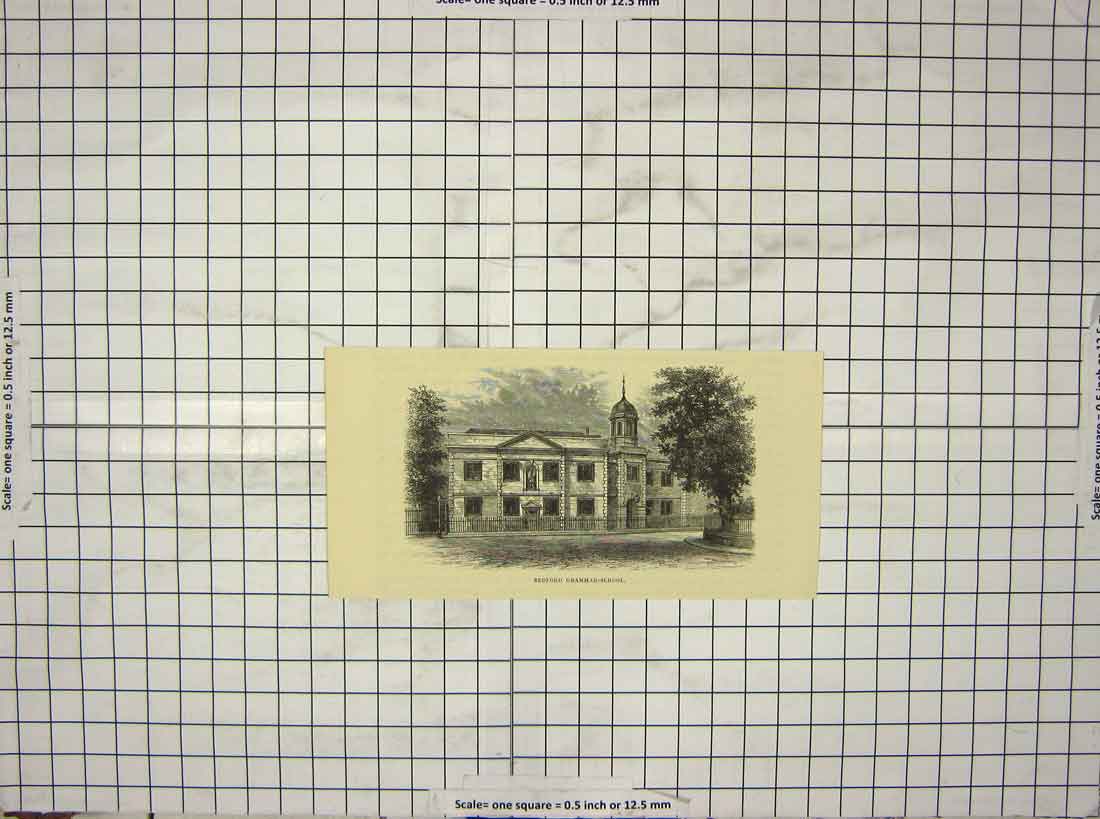 Original Old Antique Print Exterior Bedford Grammar School Architecture