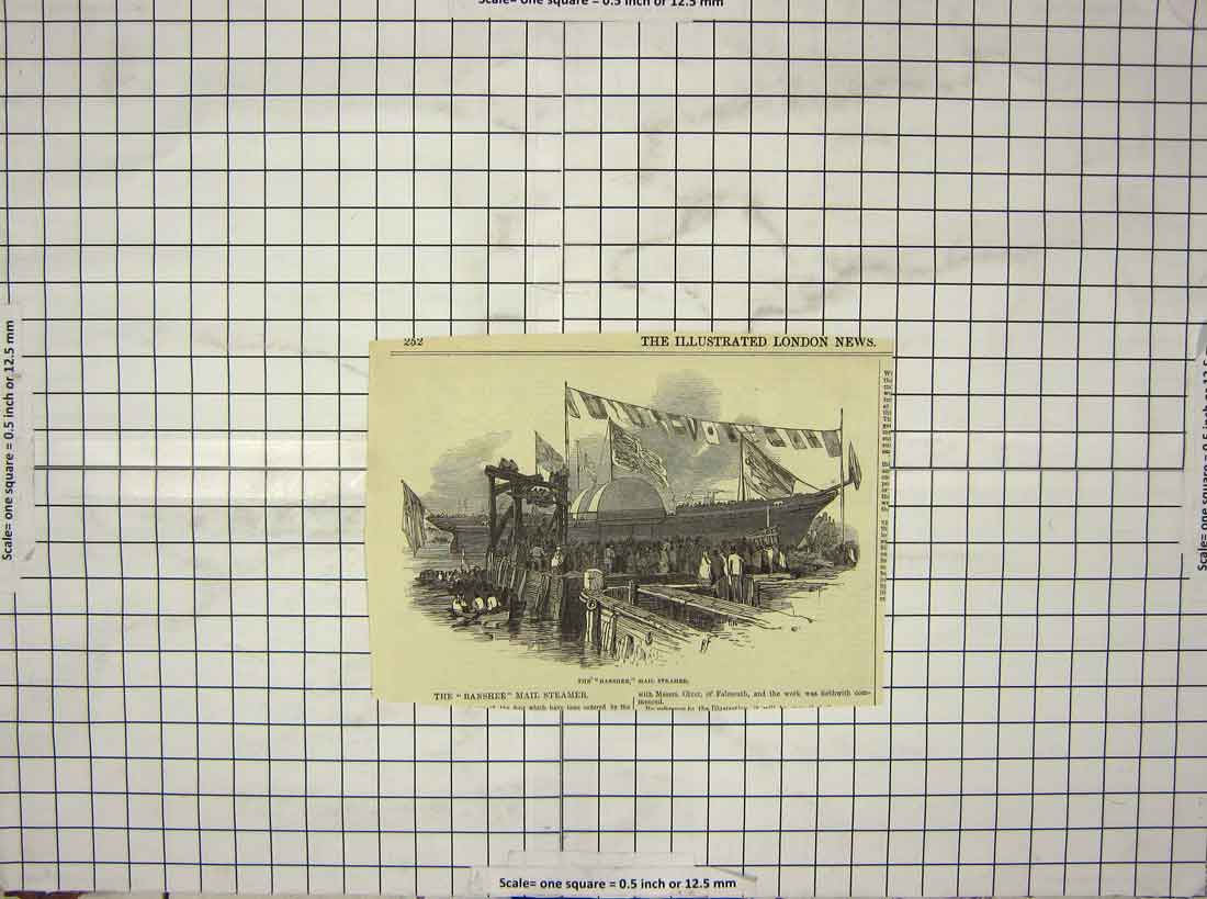 Original Old Antique Print Banshee Mail Steamer Ship Flags Falmouth