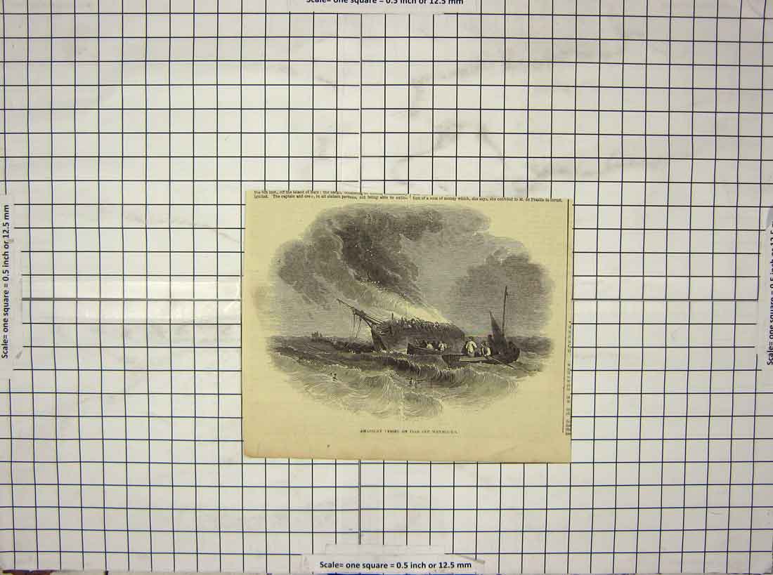 Original Old Antique Print Scene American Vessel Ship Fire Weymouth England Sea
