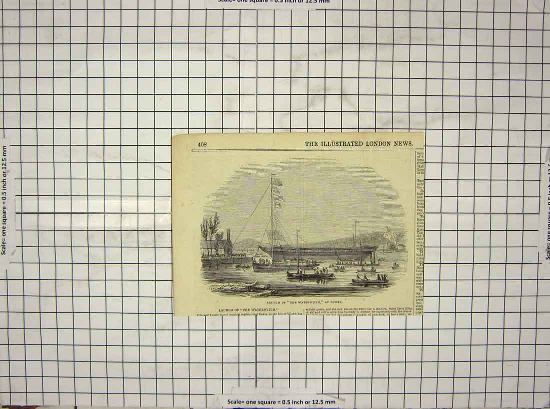 Original Old Antique Print Launch Ship Waterwitch Cowes Isle Wight 19th Century