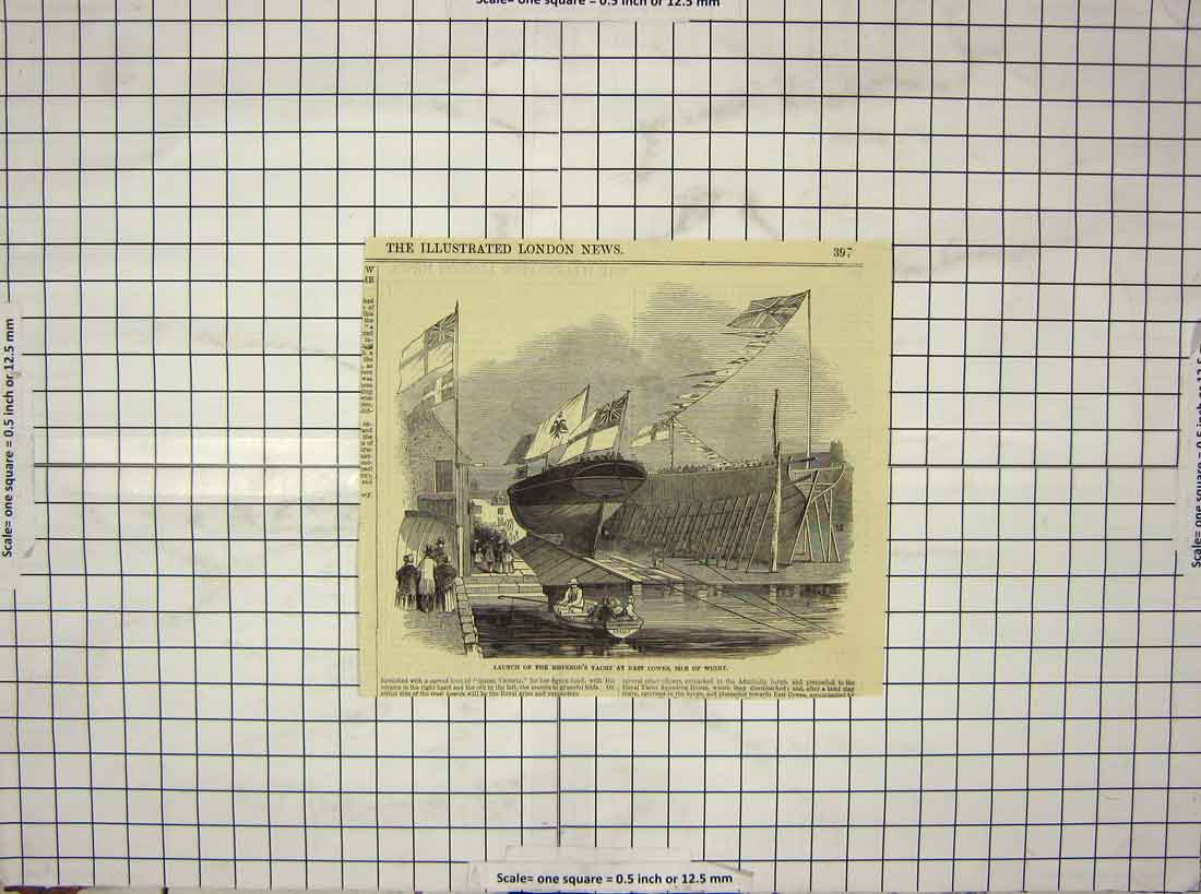 Original Old Antique Print Launch Emperor'S Yacht East Cowes Isle Wight Ship