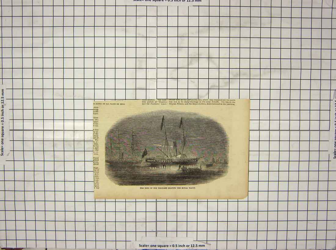 Original Old Antique Print King Belgians Royal Yacht Ship Boat Flags 19th