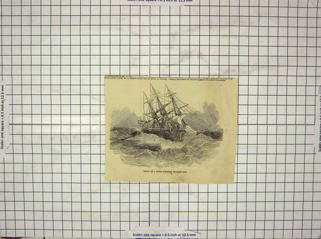 Original Old Antique Print Sailing Ship Wreck Dutch Indiaman Pevensey Bay Sea