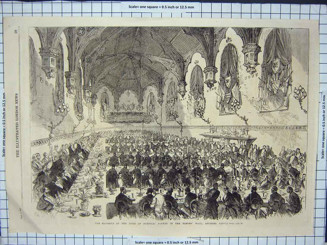 Original Old Antique Print Duke Norfolk Dinner Baron'S Hall