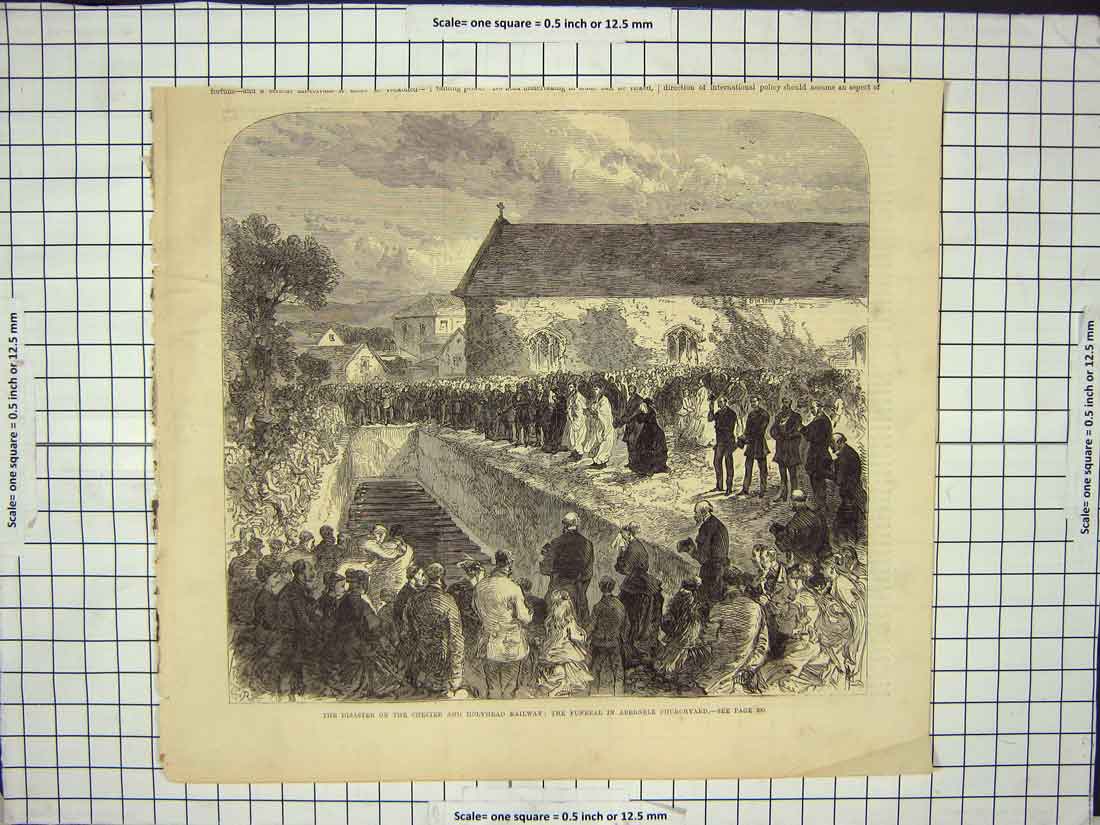 Original Old Antique Print Disaster At Chester Railway Funeral