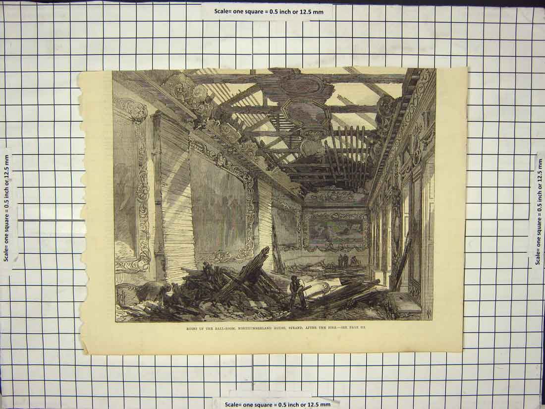 Original Old Antique Print Ruins Ball-Room Northumberland House