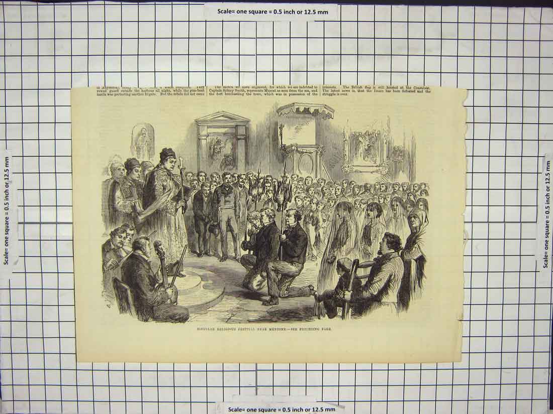 Original Old Antique Print Singular Religious Festival Mentone