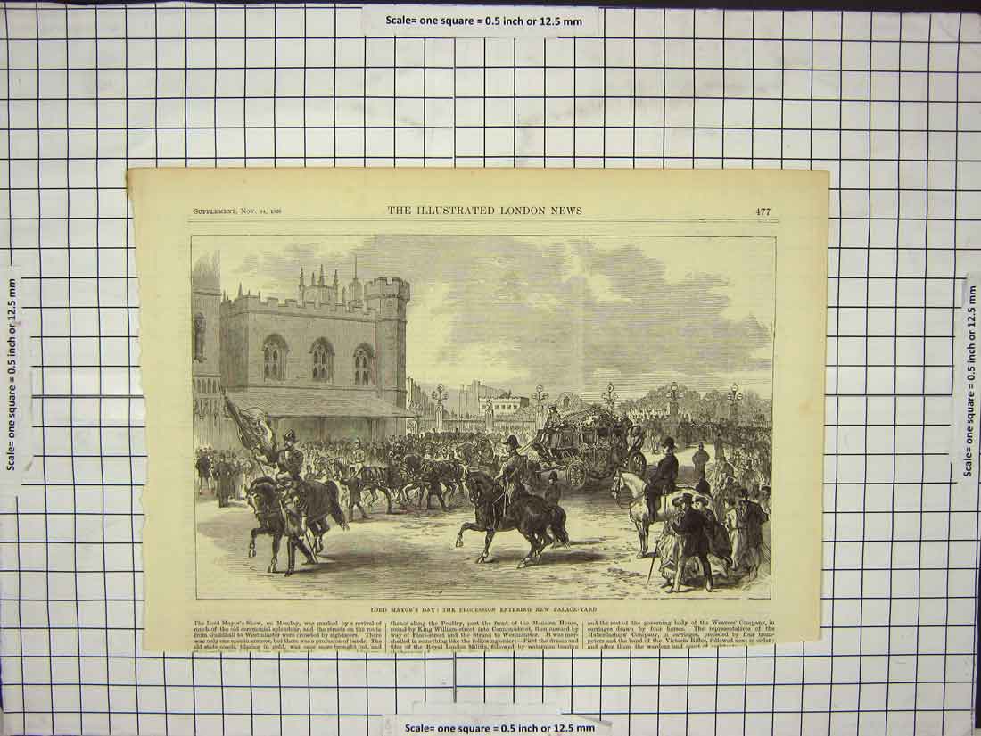 Original Old Antique Print Lord Mayors Day Procession New Palace-Yard