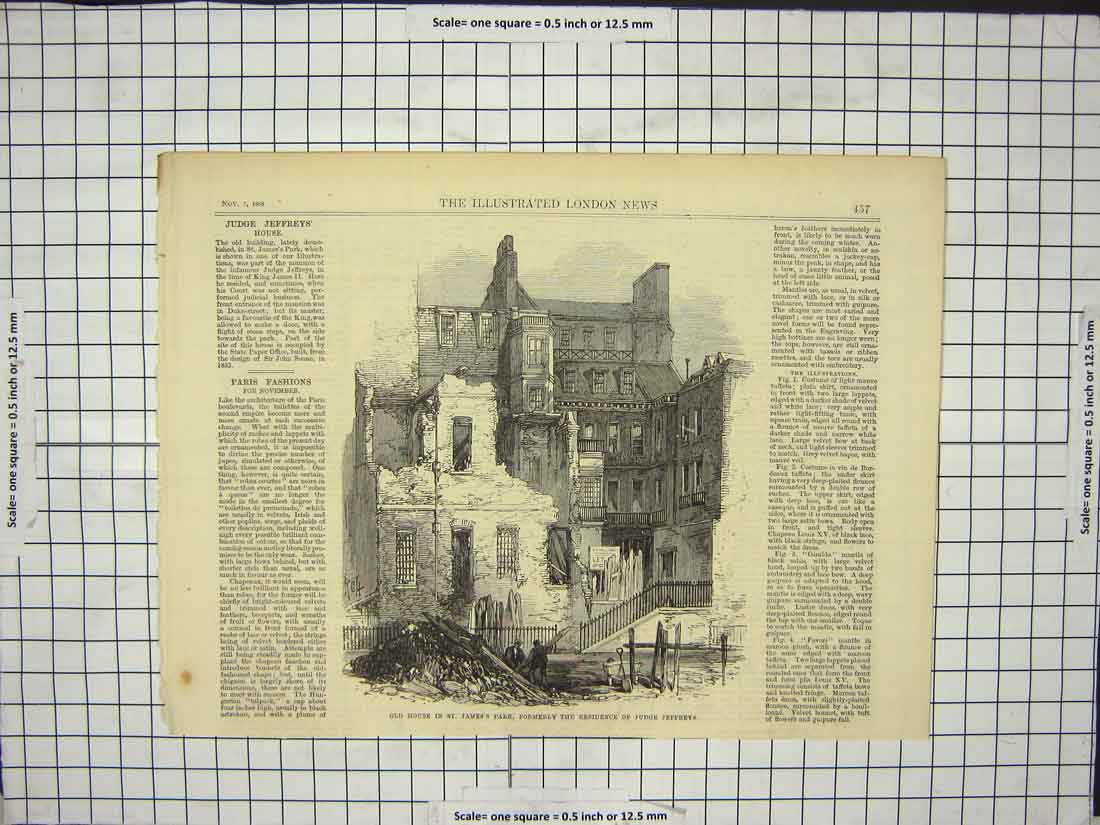 Original Old Antique Print House St. James Park Judge Jeffereys