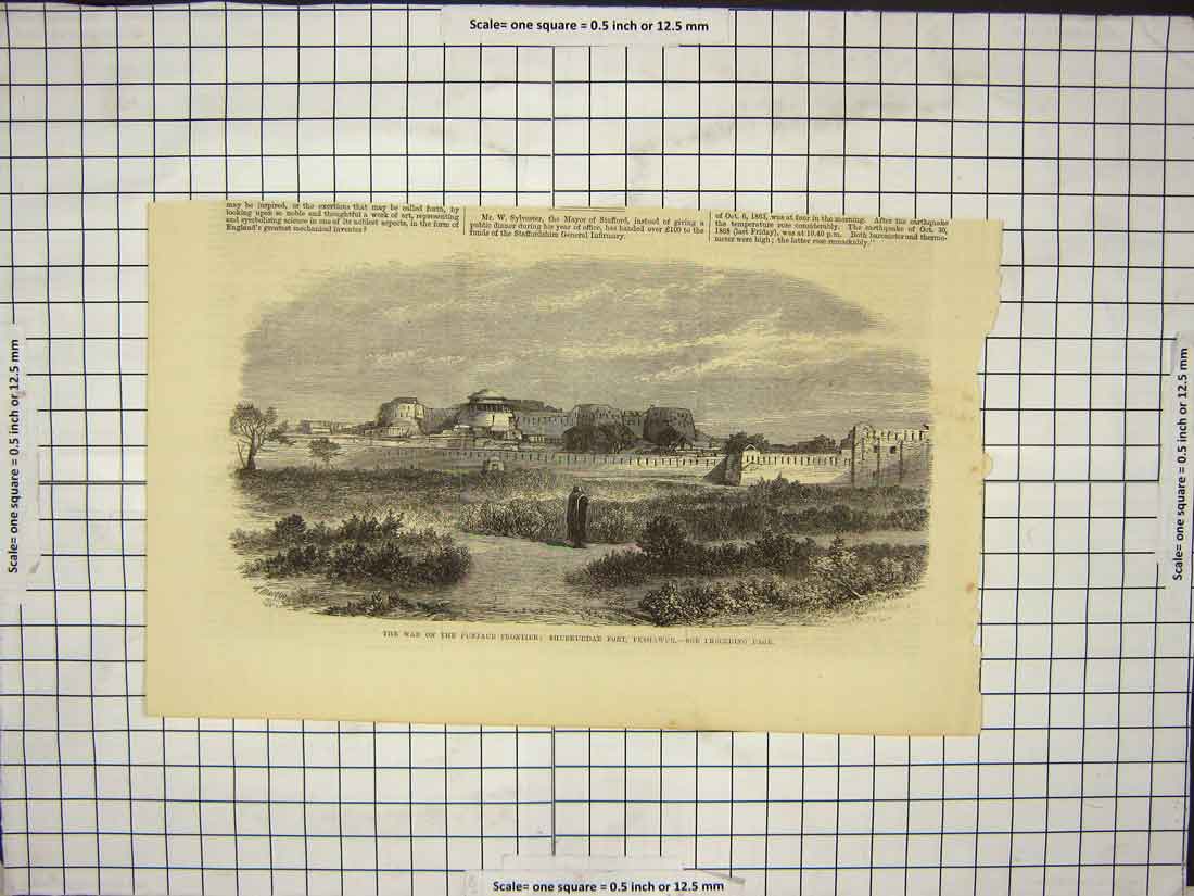 Original Old Antique Print War On Punjaub Frontier Shubkuddar Fort