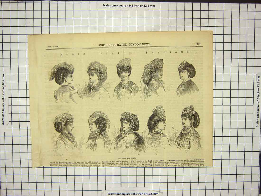 Original Old Antique Print Bonnets And Hats Paris Winter Fashion