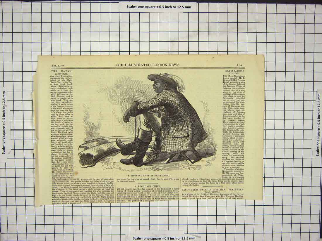 Original Old Antique Print Bechuana Chief South Africa Tribes