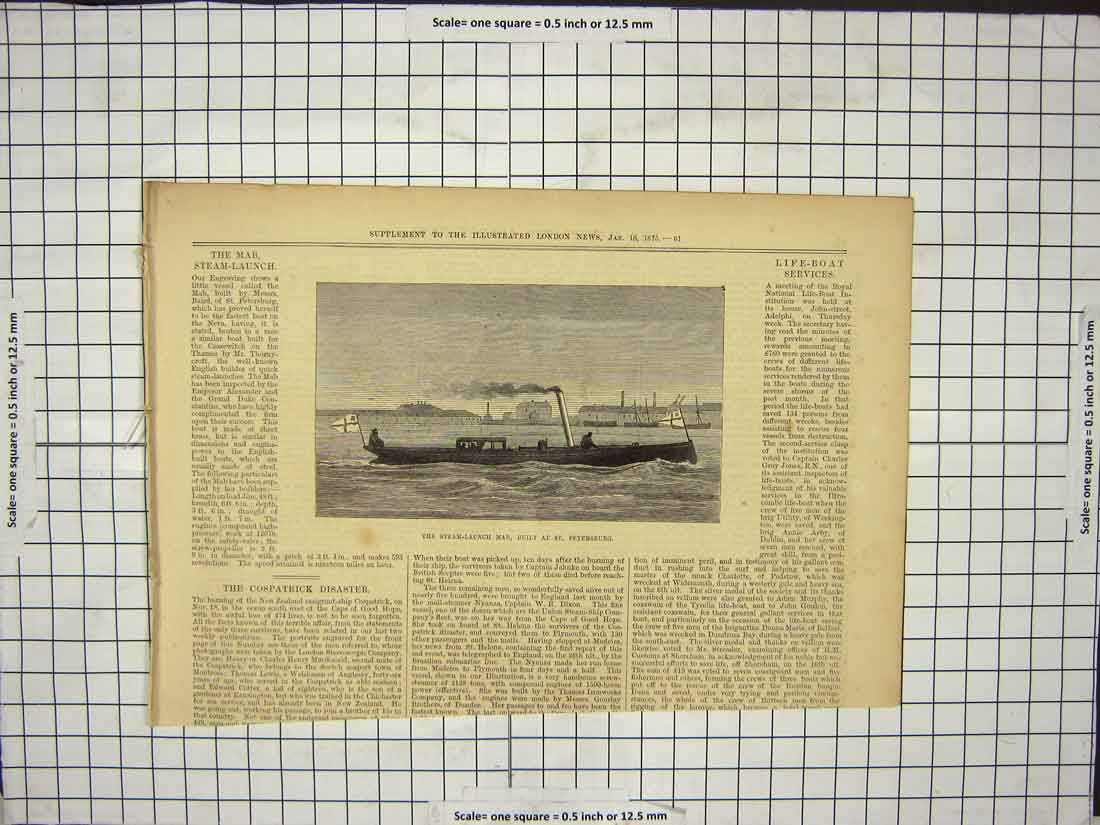 Original Old Antique Print Steam Launch Mab Built In St Petersburg