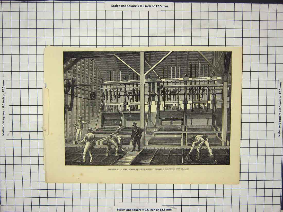 Original Old Antique Print GQuartz Crushing Battery New Zealand