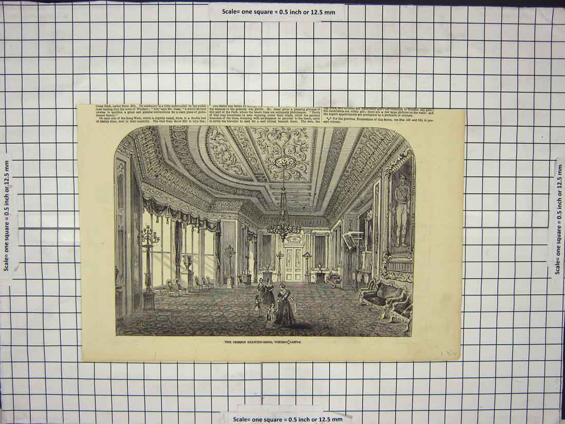Original Old Antique Print Crimson Drawing Room Windsor Castle