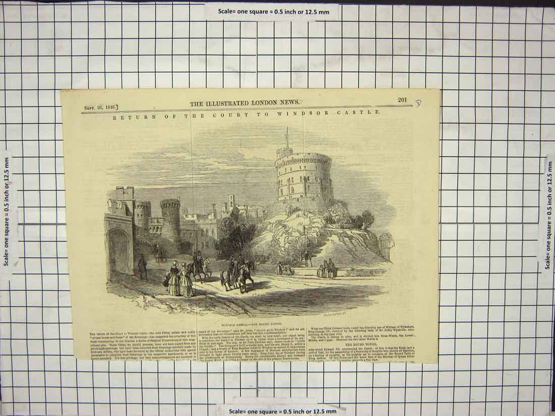 Original Old Antique Print Windsor Castle Round Tower Horses