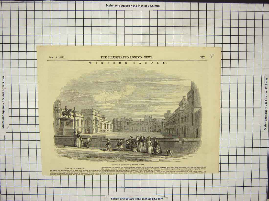 Original Old Antique Print Great Quadrangle Windsor Castle Children