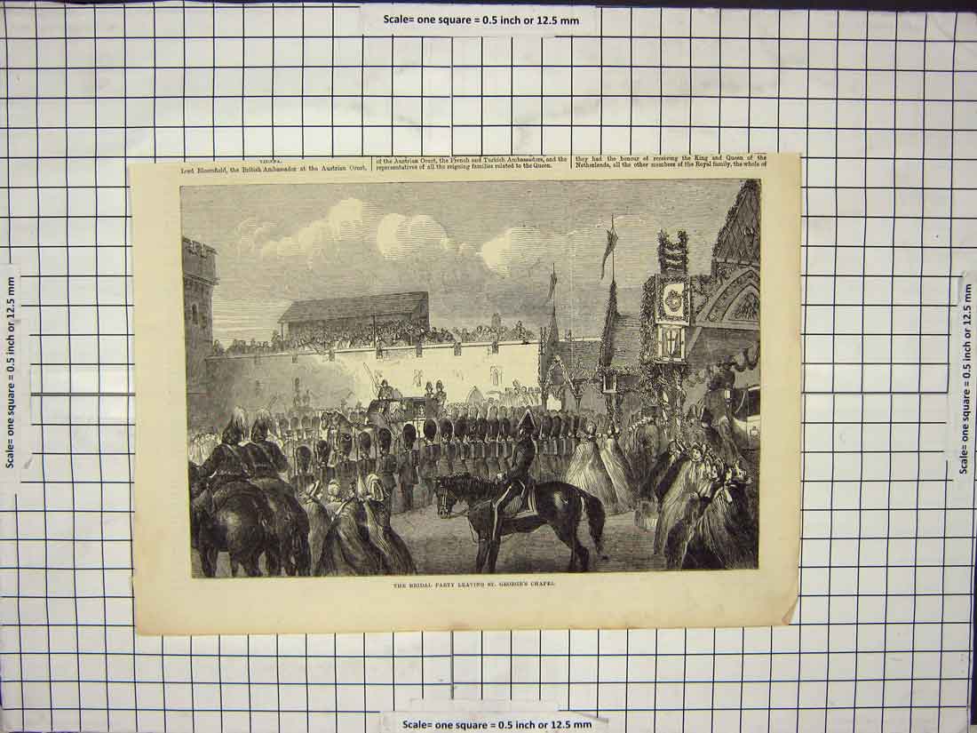 Original Old Antique Print Bridal Party Leaving St Georges Chapel