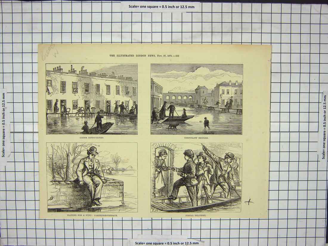 Original Old Antique Print Under Difficulties Boats Flood Post Delivery