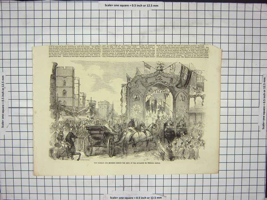 Original Old Antique Print Entering Windsor Castle Welcome Gathering