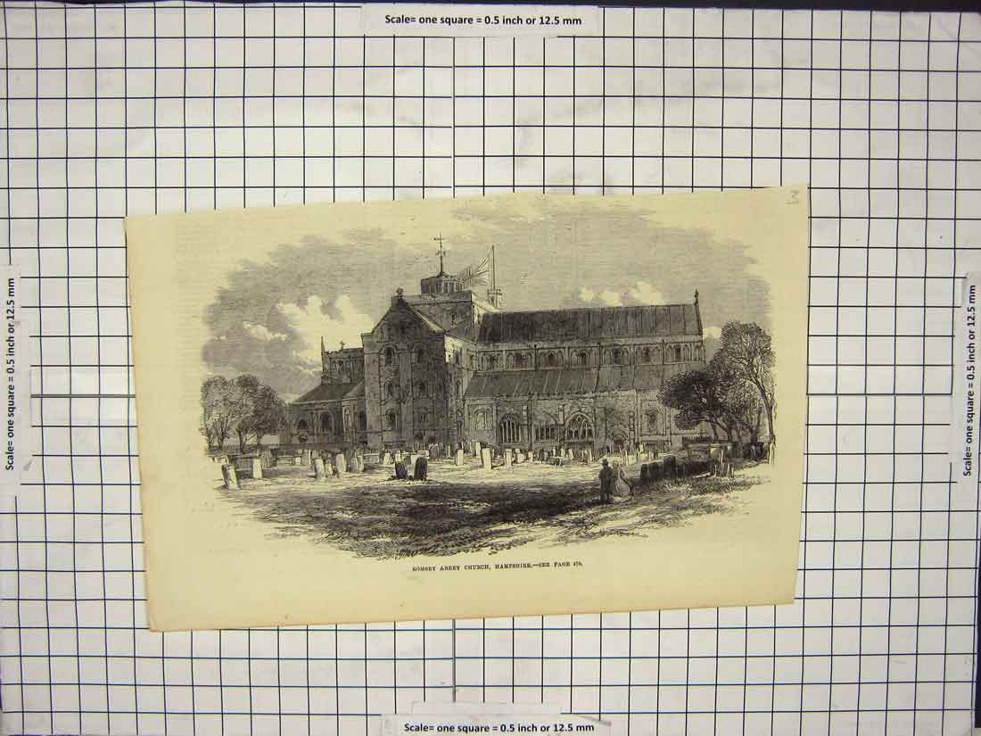 Original Old Antique Print Romsey Abbey Church Hampshire Graveyard