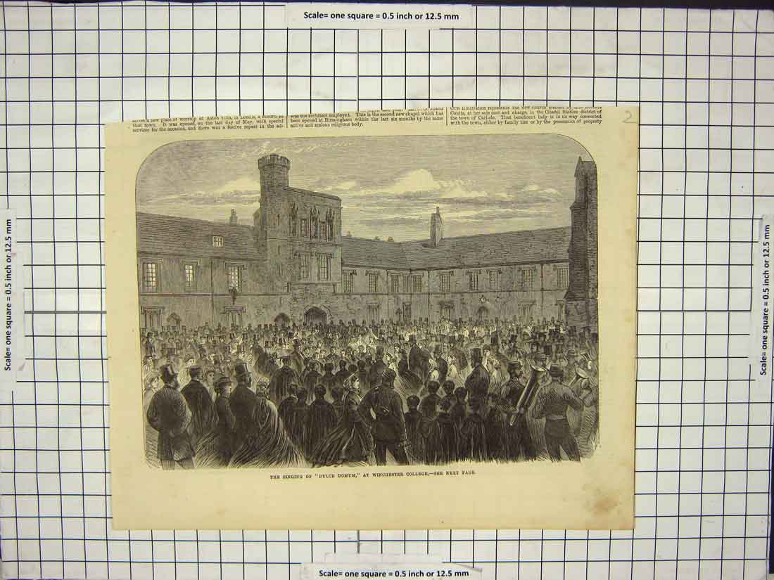 Original Old Antique Print Singing Dulce Domun Winchester College 18th Century