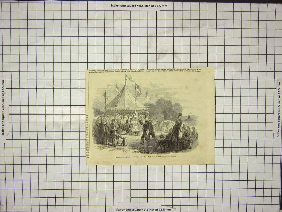 Original Old Antique Print Cutting First Turf Railway Deeside Napoleonic Era